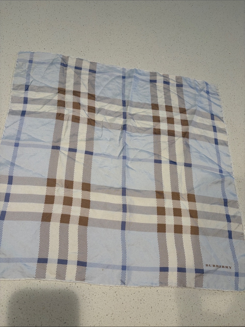 Burberry Light Blue Plaid Cotton Pocket Square with Cream and Brown Stripes
